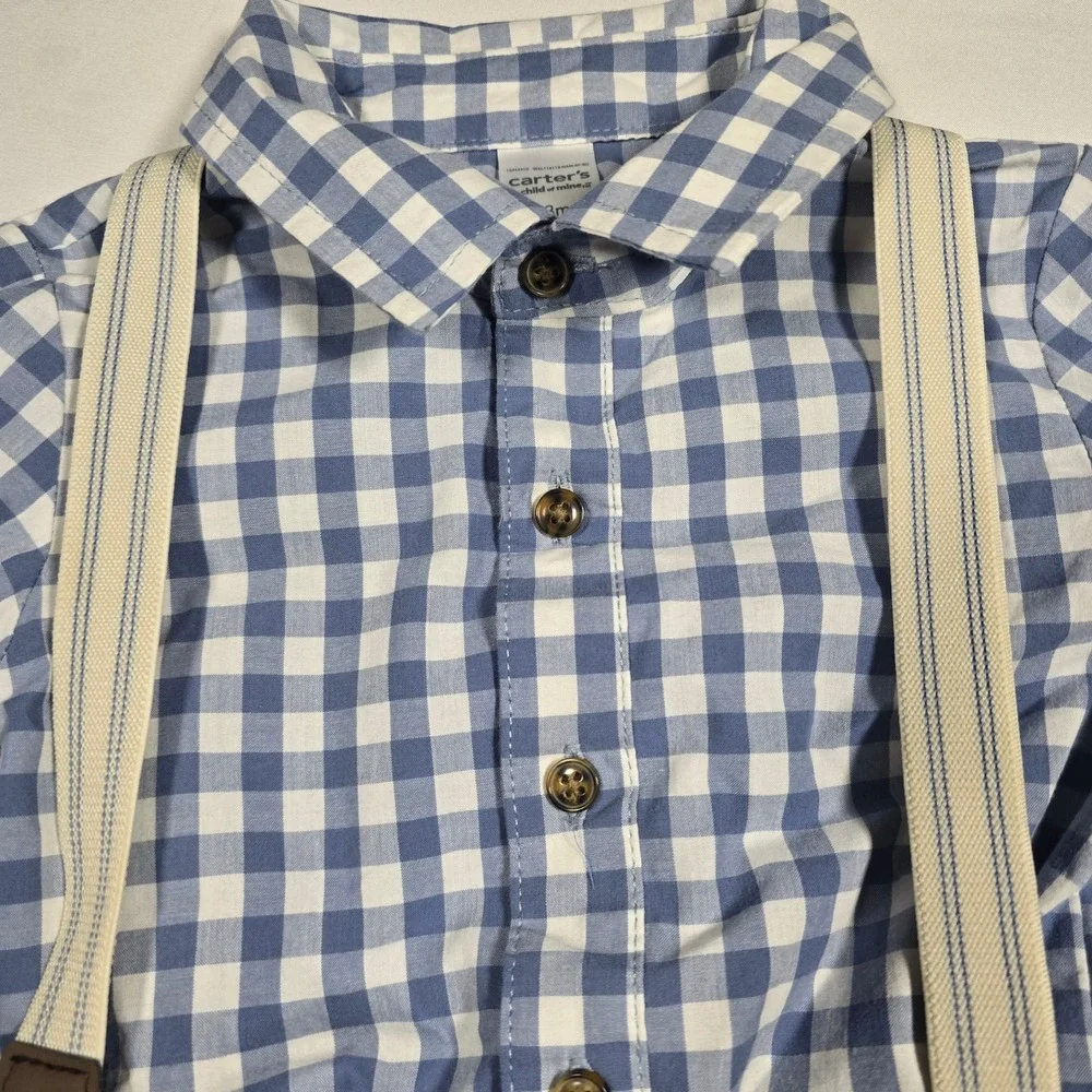 Carter's Boys 18M Gingham Shirt Khaki Pants Suspenders Set 3PC NEW